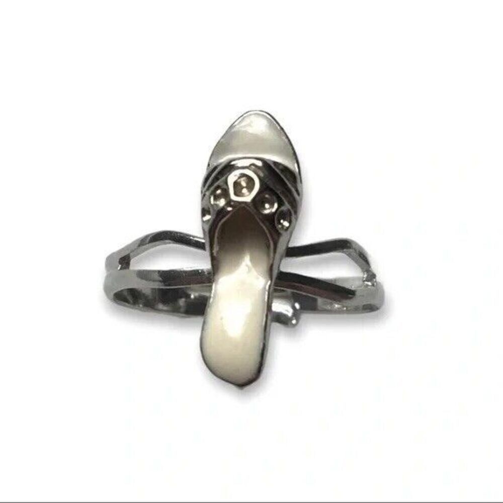 Cinderella Slipper Ring Adjustable Size 6.75 Silver Tone White Enamel